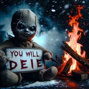 Creepy evil doll with burlap mask that makes her look evil, sitt...