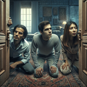 Two men and one woman are standing in a room in which the window...