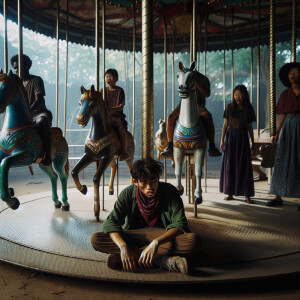 An abandoned children's carousel. A boy is sitting unconscious o...