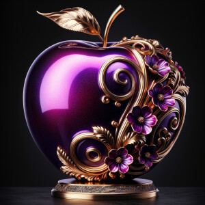 Envision a lustrous, oversized apple with a surface that gleams in a radiant shade of purple, as if lacquered to a high shine, reflecting light from its smooth, curvaceous form. The apple is adorned with elegant gold leaf patterns that swirl luxuriously around its contour, bringing a baroque opulence to its appearance. The stem, a bronzed sculpture in itself, supports a single leaf that seems to glow with an inner luminescence. At the apple’s base, a collection of flowers blooms, their petals softening the scene with organic shapes and colors that harmonize with the vibrant purple and gold. Incorporated into the metallic filigree in an artful script is the name "Karen," as if the apple were personally inscribed, enhancing the custom and bespoke quality of the piece.