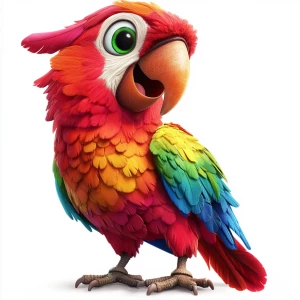 Create an image of a older cute, vibrant-colored cartoon parrot...