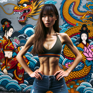 Athletic Thin skinny Attractive, Asian teenage girl, long brown hair and bangs, wearing tight skinny jeans and a halter top paint marks on her clothing, heroic pose Asian graffiti background