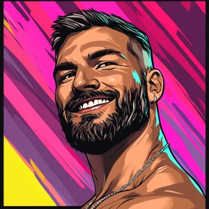 White muscular thin man with beard, big chin, smile and cheekbon...