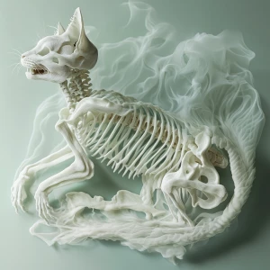 Create a hyperrealistic image depicting a cat skeleton, designed...