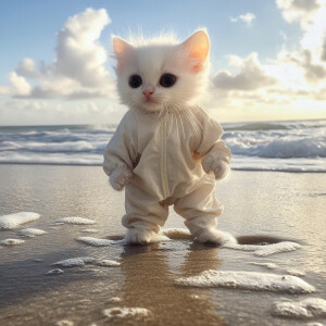 A white kitten with round black eyes and a jump suit standing li...