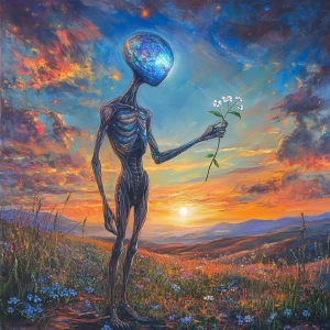 an otherworldly being standing gracefully in a serene field, hol...