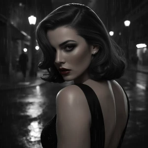 Ultra-realistic cinematic close-up of a femme fatale — a breatht...