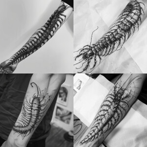 A tattoo sleeve sketch in a realistic black-and-white style: a h...