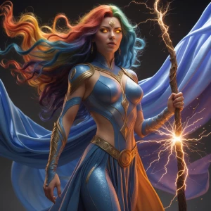 Mythweaver stands tall, her long hair a wild tangle of colors re...