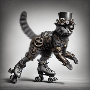 Illustrate a cat with a steampunk theme gracefully roller skatin...