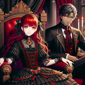 Lilith as a girl with elegant gothic lolita dress sit on the lap of handsome lucifer, the girl has red hair and golden eyes, thrones, blackand red elegant luxury background, Lucifer evil smirk, Obsession and Ownership