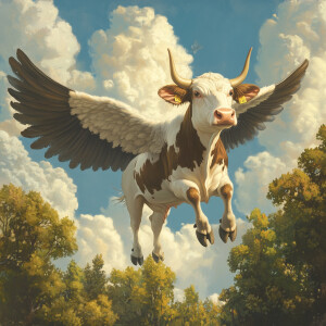 A cow soars through the sky, flapping its enormous wings as it g...