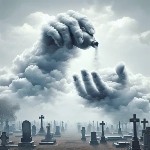 A spectral hand emerging from billowy clouds above a fog-enshrou...