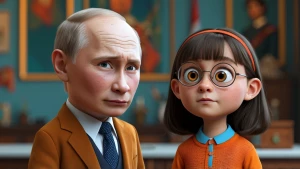 Putin in children role with real head and face, use pixar and sa...
