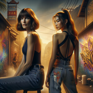 Athletic Thin skinny Attractive, Asian teenage girl, long brown hair and bangs, wearing tight skinny jeans and a halter top paint marks on her clothing, heroic pose Asian graffiti background, backside view