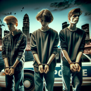 Three Caucasian male teenagers walk to a police car. handcuffed....