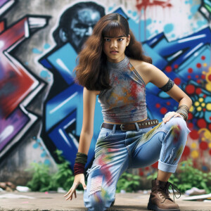 teenage girl, long brown hair and bangs, wearing tight skinny jeans and a halter top paint marks on her clothing, heroic pose Asian graffiti background, nearing on one knee