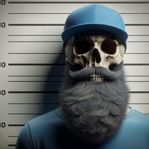 Skull with greybeard, blue baseball cap in front of a mugshot li...