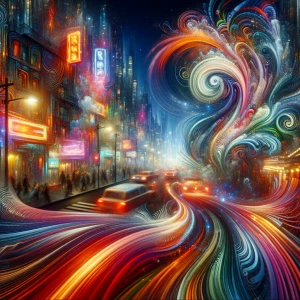 A bustling city street at night with glowing neon signs and blurred car headlights creating a colorful, swirling effect