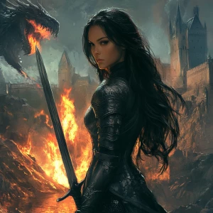 Create an image with a castle, and a dragon breathing fire in the background. Include a female knight in the forefront with her long dark hair flowing behind her back, and holding a sword. The knight should be shown in a heroic pose, and with her face as if it was looking at the camera.