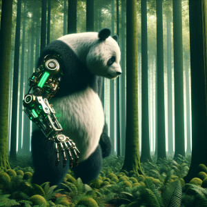 A panda bear with a robotic arm standing in a forest exhausted f...