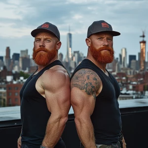 Mike and Alex, two master builders in their 30s with sculpted mu...