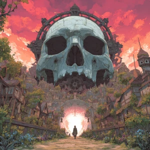 a colossal skull-shaped floating structure looms over a glowing...