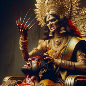 portrait of angry looking indian goddess sitting on a gold crow...