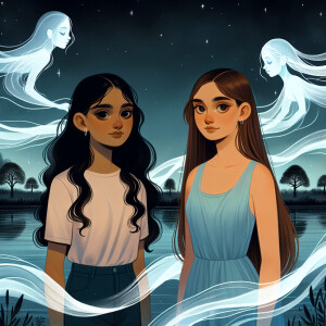 Two girls are standing by the lake at night and souls are flying...