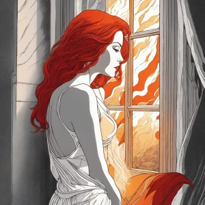 Prompt: A slender, beautiful woman with flaming red hair looks o...