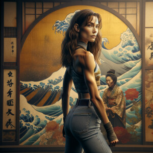 Athletic Thin skinny Attractive, Asian teenage girl, long brown hair and bangs, wearing tight skinny jeans and a halter top paint marks on her clothing, heroic pose Asian graffiti background, backside view