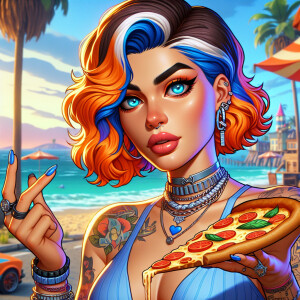 Gta 6 anime artwork, one adult Spanish/American woman,Orange/blu...