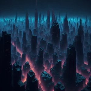 Visualize an orbital city bathed in neon lights, with skyscraper...