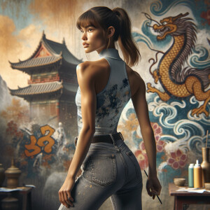 Athletic Thin skinny Attractive, Asian teenage girl, long brown hair and bangs, wearing tight skinny jeans and a halter top paint marks on her clothing, heroic pose Asian graffiti background, backside view