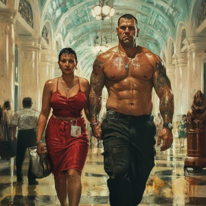 Fantasy painting.A sweaty beefy man walking with his 54 year old...