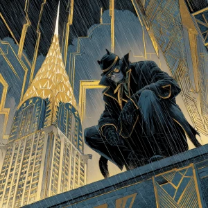 Manga-style noir detective crouched on a rain-slick Art Deco gar...