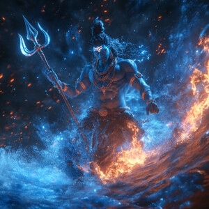Concept art of Lord Shiva commanding the elements with his tride...