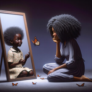 Create a 3-D realistic beautiful African-American  women with thick curly black hair
Looking at herself in the mirror, but the reflection she sees is a child, and she is no longer beautiful. She is ugly with scars. There is a fallen butterfly.