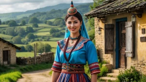 Create an image of a young woman dressed in traditional village attire, complete with cultural accessories, standing outside a rustic cottage surrounded by a lush countryside landscape.