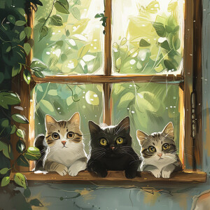 A cartoon of three mischievous cats sitting on a ledge, looking...