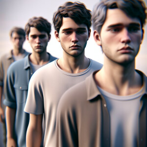 3 male Caucasian (((teenagers))). walk. (((All three  have their...