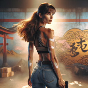 Athletic Thin skinny Attractive, Asian teenage girl, long brown hair and bangs, wearing tight skinny jeans and a halter top paint marks on her clothing, heroic pose Asian graffiti background, backside view