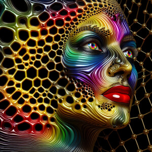 Create an image featuring a three-dimensional, rainbow colour, g...