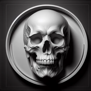 Design a grayscale 3D bas-relief of a sinister-looking skull wit...