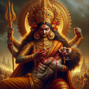 portrait of angry looking goddess durga, sitting on a gold crown and carrying a weak mahishasur on her lap and stabbing him with her amazingly designed trident. She is wearing gold armor, a huge gold crown, red saree, abundant gold jewelry, covered in blood. The scene is set in ancient India. The image is 8K resolution, cinematic, ultra detailed face and epic.