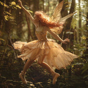 A photo realistic full body image. A light ginger fairy flouncin...