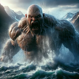 Create a hyper-realistic image depicting a colossal, bald giant,...