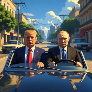 Trump and Putin take a ride in a car in gta art style