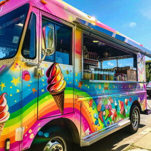 Ice cream truck with 26 inch chrome wheels selling alkaline wate...