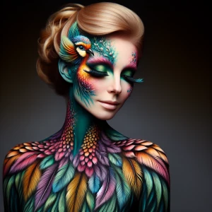 Hollywood make-up, a woman  painted to look like a bird, full-bo...
